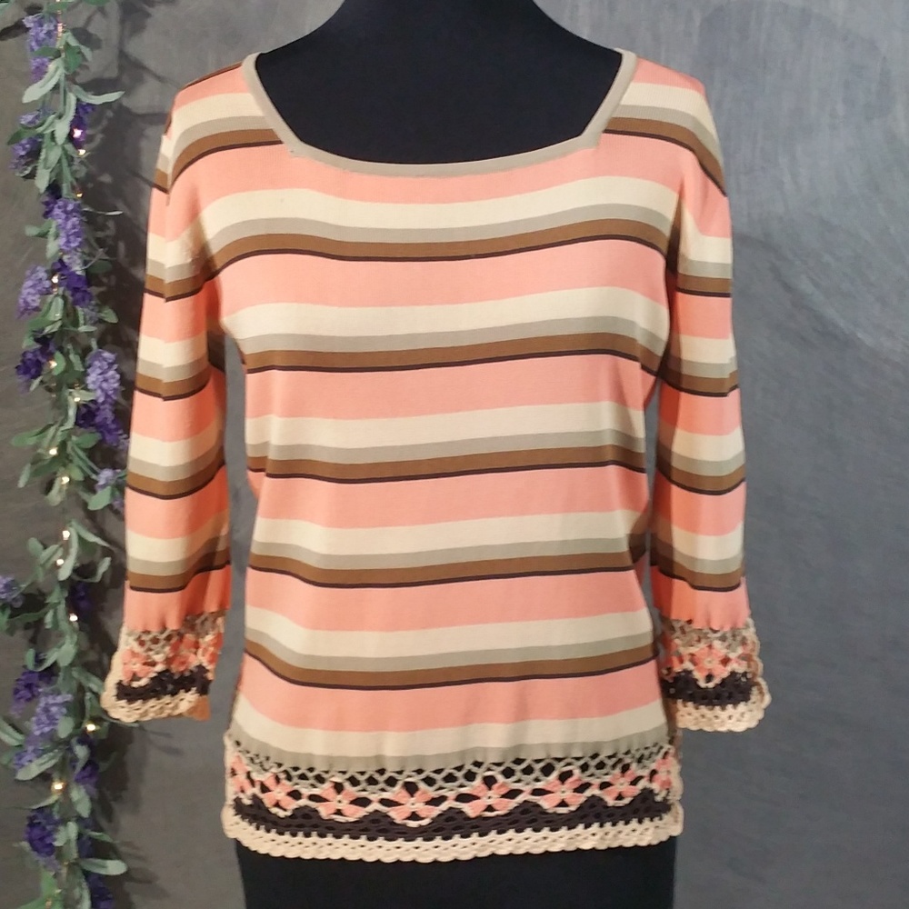 Joseph A. Crochet Trim Striped 3/4 Sleeve Top.